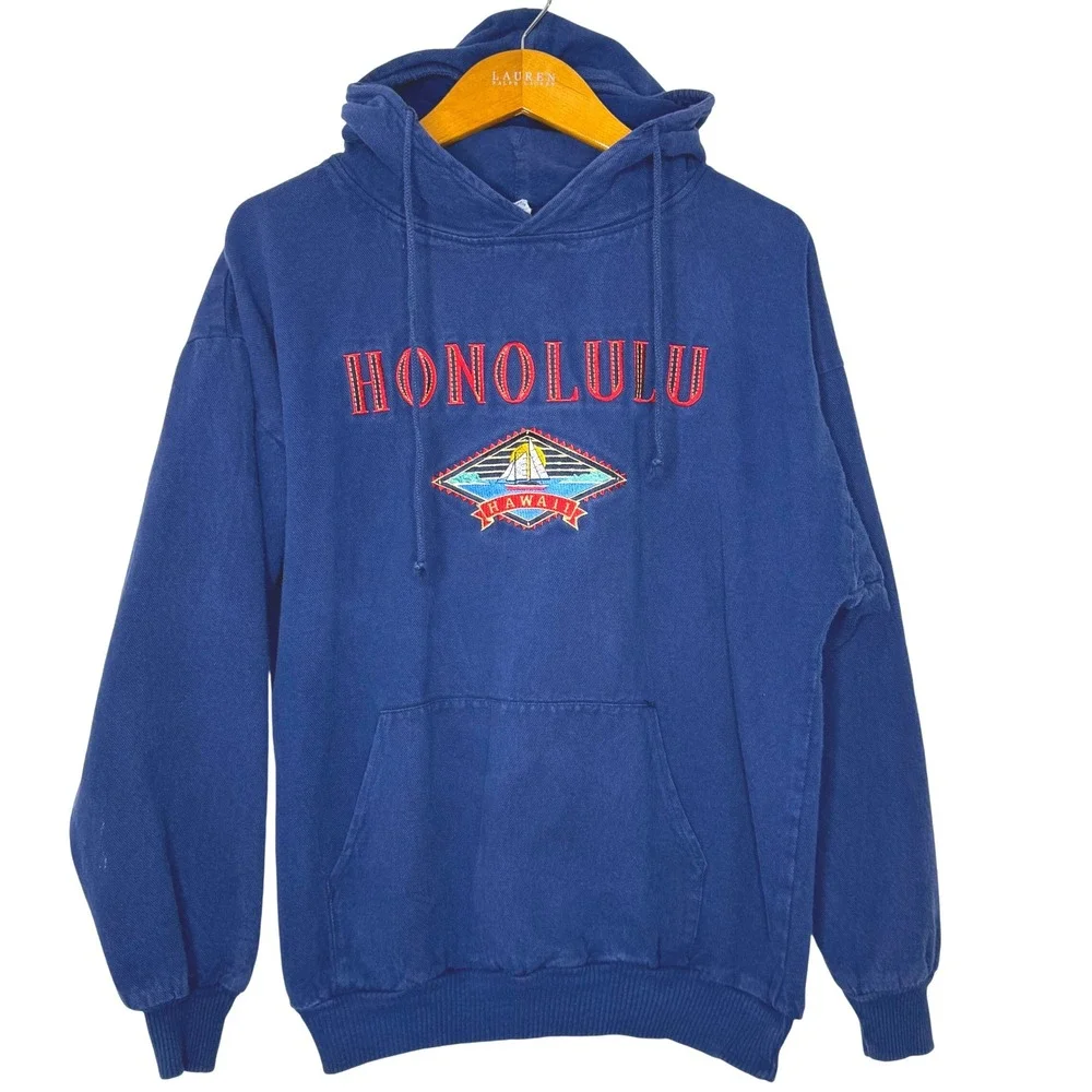 Vintage Crazy Shirts Hawaii Honolulu Hoodie Blue Medium - Picture 1 of 11